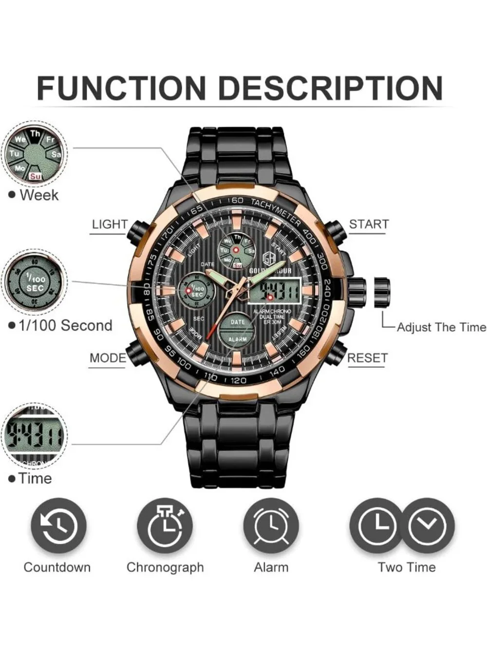 Men's Rose Gold Black Stainless Analog Digital Outdoor Waterproof Luxury Watch